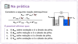 Na prática
Considere a seguinte reação eletroquímica:
É possível afirmar que:
a. O A(s) sobre oxidação e é o ânodo da pilha.
b. O A(s) sofre redução e é o cátodo da pilha.
c. O Y(s) sofre redução e é o ânodo da pilha.
d. O Y(s) sofre oxidação e é o cátodo da pilha.
 