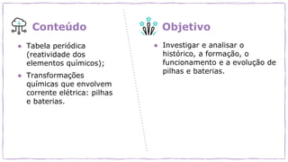 ● Tabela periódica
(reatividade dos
elementos químicos);
● Transformações
químicas que envolvem
corrente elétrica: pilhas
e baterias.
● Investigar e analisar o
histórico, a formação, o
funcionamento e a evolução de
pilhas e baterias.
Conteúdo Objetivo
 