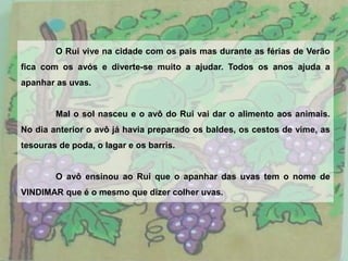 O Rui vive na cidade com os pais mas durante as férias de Verão fica com os avós e diverte-se muito a ajudar. Todos os anos ajuda a apanhar as uvas.	Mal o sol nasceu e o avô do Rui vai dar o alimento aos animais. No dia anterior o avô já havia preparado os baldes, os cestos de vime, as tesouras de poda, o lagar e os barris.	O avô ensinou ao Rui que o apanhar das uvas tem o nome de VINDIMAR que é o mesmo que dizer colher uvas.