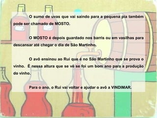 	O sumo de uvas que vai saindo para a pequena pia também  pode ser chamado de MOSTO.	O MOSTO é depois guardado nos barris ou em vasilhas para descansar até chegar o dia de São Martinho.	O avô ensinou ao Rui que é no São Martinho que se prova o vinho.  É nessa altura que se vê se foi um bom ano para a produção do vinho.	Para o ano, o Rui vai voltar e ajudar o avô a VINDIMAR.