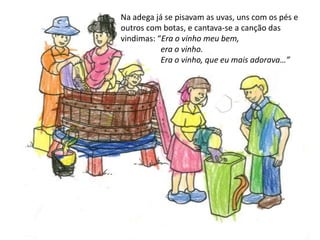 Na adega já se pisavam as uvas, uns com os pés e outros com botas, e cantava-se a canção das vindimas: “Era o vinho meu bem,                   era o vinho.                   Era o vinho, que eu mais adorava…”