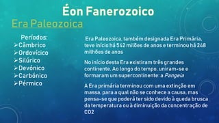 Era Paleozoica
Períodos:
Câmbrico
Ordovícico
Silúrico
Devónico
Carbónico
Pérmico
Era Paleozoica, também designada Era Primária,
teve início há 542 milões de anos e terminou há 248
milhões de anos
No início desta Era existiram três grandes
continente. Ao longo do tempo, uniram-se e
formaram um supercontinente: a Pangeia
A Era primária terminou com uma extinção em
massa, para a qual não se conhece a causa, mas
pensa-se que poderá ter sido devido à queda brusca
da temperatura ou à diminuição da concentração de
CO2
 