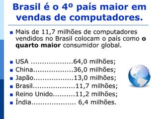 Brasil é o 4º país maior em
 vendas de computadores.
∎   Mais de 11,7 milhões de computadores
    vendidos no Brasil colocam o país como o
    quarto maior consumidor global.

∎   USA ...................64,0 milhões;
∎   China..................36,0 milhões;
∎   Japão..................13,0 milhões;
∎   Brasil...................11,7 milhões;
∎   Reino Unido..........11,2 milhões;
∎   Índia.................... 6,4 milhões.
 