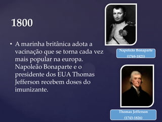 1800
• A marinha britânica adota a
vacinação que se torna cada vez
mais popular na europa.
Napoleão Bonaparte e o
presidente dos EUA Thomas
Jefferson recebem doses do
imunizante.

Napoleão Bonaparte

(1769-1821)

Thomas Jefferson
(1743-1826)

 