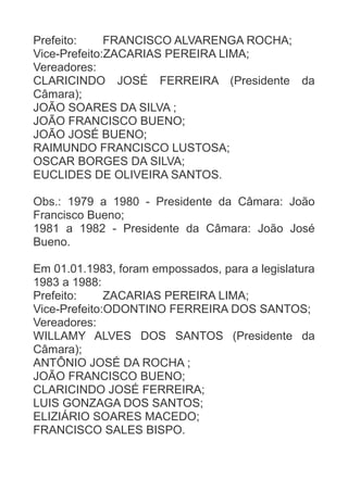 Prefeito:
FRANCISCO ALVARENGA ROCHA;
Vice-Prefeito:ZACARIAS PEREIRA LIMA;
Vereadores:
CLARICINDO JOSÉ FERREIRA (Presidente da
Câmara);
JOÃO SOARES DA SILVA ;
JOÃO FRANCISCO BUENO;
JOÃO JOSÉ BUENO;
RAIMUNDO FRANCISCO LUSTOSA;
OSCAR BORGES DA SILVA;
EUCLIDES DE OLIVEIRA SANTOS.
Obs.: 1979 a 1980 - Presidente da Câmara: João
Francisco Bueno;
1981 a 1982 - Presidente da Câmara: João José
Bueno.
Em 01.01.1983, foram empossados, para a legislatura
1983 a 1988:
Prefeito:
ZACARIAS PEREIRA LIMA;
Vice-Prefeito:ODONTINO FERREIRA DOS SANTOS;
Vereadores:
WILLAMY ALVES DOS SANTOS (Presidente da
Câmara);
ANTÔNIO JOSÉ DA ROCHA ;
JOÃO FRANCISCO BUENO;
CLARICINDO JOSÉ FERREIRA;
LUIS GONZAGA DOS SANTOS;
ELIZIÁRIO SOARES MACEDO;
FRANCISCO SALES BISPO.

 