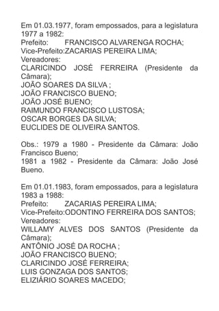 Em 01.03.1977, foram empossados, para a legislatura
1977 a 1982:
Prefeito:
FRANCISCO ALVARENGA ROCHA;
Vice-Prefeito:ZACARIAS PEREIRA LIMA;
Vereadores:
CLARICINDO JOSÉ FERREIRA (Presidente da
Câmara);
JOÃO SOARES DA SILVA ;
JOÃO FRANCISCO BUENO;
JOÃO JOSÉ BUENO;
RAIMUNDO FRANCISCO LUSTOSA;
OSCAR BORGES DA SILVA;
EUCLIDES DE OLIVEIRA SANTOS.
Obs.: 1979 a 1980 - Presidente da Câmara: João
Francisco Bueno;
1981 a 1982 - Presidente da Câmara: João José
Bueno.
Em 01.01.1983, foram empossados, para a legislatura
1983 a 1988:
Prefeito:
ZACARIAS PEREIRA LIMA;
Vice-Prefeito:ODONTINO FERREIRA DOS SANTOS;
Vereadores:
WILLAMY ALVES DOS SANTOS (Presidente da
Câmara);
ANTÔNIO JOSÉ DA ROCHA ;
JOÃO FRANCISCO BUENO;
CLARICINDO JOSÉ FERREIRA;
LUIS GONZAGA DOS SANTOS;
ELIZIÁRIO SOARES MACEDO;

 
