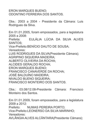 ERON MARQUES BUENO;
ODONTINO FERREIRA DOS SANTOS.
Obs.: 2003 a 2004 - Presidente da Câmara: Luis
Rodrigues da Silva.
Em 01.01.2005, foram empossados, para a legislatura
2005 a 2008:
Prefeita:
EULÁLIA LÚCIA DA SILVA ALVES
SANTOS;
Vice-Prefeito:BENÍCIO DAUTO DE SOUSA;
Vereadores:
LUIS RODRIGUES DA SILVA(Presidente Câmara);
AGRIPINO SIQUEIRA MADEIRA;
ALBERTO OLIVEIRA DA ROCHA;
ALCIDES GERALDO ROCHA;
ERON MARQUES BUENO;
FRANCISCO CANAVERDE DA ROCHA;
JOSÉ BALDUÍNO MADEIRA;
NIVALDO BUENO SIQUEIRA;
FRANCISCO MONTEIRO DOS SANTOS.
Obs.: 03.08/12.08-Presidente
Monteiro dos Santos.

Câmara:

Francisco

Em 01.01.2009, foram empossados, para a legislatura
2009 a 2012:
Prefeito:
NUMAS PEREIRA PORTO;
Vice-Prefeito:LEONERSO DA SILVA MARINHO;
Vereadores:
AVLÂNGIA ALVES ALCÂNTARA(Presidente Câmara);

 