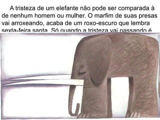 A tristeza de um elefante não pode ser comparada à
de nenhum homem ou mulher. O marfim de suas presas
vai arroxeando, acaba de um roxo-escuro que lembra
sexta-feira santa. Só quando a tristeza vai passando é
que elas começam a clarear.
 