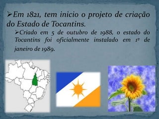 Em 1821, tem inicio o projeto de criação
do Estado de Tocantins.
Criado em 5 de outubro de 1988, o estado do
Tocantins foi oficialmente instalado em 1º de
janeiro de 1989.
 