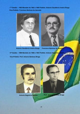 • 7ª Gestão – 1982 Mandato de 1983 a 1989 Prefeito: Antonio Gaudêncio Anário Braga
Vice-Prefeito: Francisco Barbosa de Azevedo
• 8ª Gestão – 1988 Mandato de 1989 a 1993 Prefeito: Antonio Negreiros Bastos
Vice-Prefeito: Prof. Antonio Barbosa Braga
Antonio Gaudêncio Anário Braga Francisco Barbosa de Azevedo
Antonio Negreiros Bastos Prof. Antonio Barbosa Braga
29
 