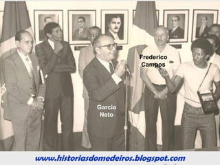 www.historiasdomedeiros.blogspot.com
Cronologia da divisão do Estado
Final do Século XIX:
Movimento divisionista encabeçado por Barros Cassal e
João Caetano Muzzi, que fundaram o Partido
Autonomista, simbolizado pelas cores azul e branco.
1801:
Nova movimentação divisionista liderada por João
Ferreira Mascarenhas (Jango Mascarenhas).
1932:
Matogrossenses do Sul aderira à Revolução
Constitucionalista de 1932, liderada por São Paulo e, na
movimentação, externaram o desejo de separação. Nessa
ocasião, o General Bertoldo Klinger nomeou o Dr.
Vespasiano Barbosa Martins como governador da parte
Sul.
 