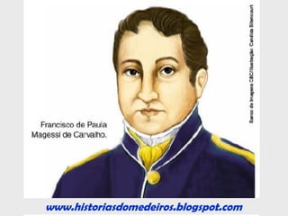 www.historiasdomedeiros.blogspot.com
Principais ações da administração de Oeynhausen
4 - Criou, através de subscrição de ações, uma Companhia
de Mineração, a fim de que fossem explorados, de forma
técnica, os metais existentes na Capitania de Mato Grosso;
5 - Enviou dois metalúrgicos mato-grossenses para fazer
estágio junto à Fábrica de Ferro de Ipanema, situada nas
imediações da cidade de Sorocaba (SP);
6 - Fundou a Escola de Aprendizes Marinheiros, em Cuiabá;
7 - Abriu concorrência para a instalação de um sistema
regular de abastecimento de água para Cuiabá, divergindo
as águas do rio Mutuca;
8 - Estimulou o plantio do algodão através de incentivos
àqueles que se dedicassem à sua cultura e beneficiamento,
em toda a Capitania;
9 - Criou a Companhia Franca dos Leais Cuiabanos.
 