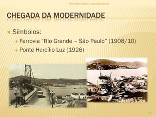 CHEGADA DA MODERNIDADE
 Símbolos:
 Ferrovia “Rio Grande – São Paulo” (1908/10)
 Ponte Hercílio Luz (1926)
37
Prof. Elton Zanoni - www.elton.pro.br
 