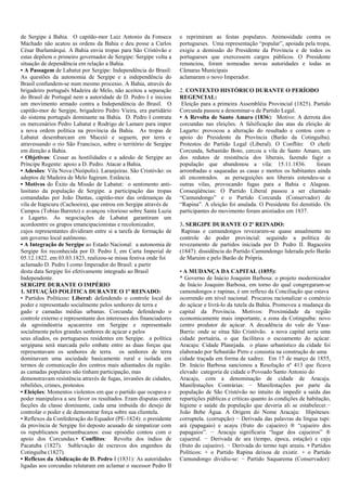 de Sergipe à Bahia. O capitão-mor Luiz Antonio da Fonseca
Machado não acatou as ordens da Bahia e deu posse a Carlos
César Burlamárqui. A Bahia envia tropas para São Cristóvão e
estas depõem o primeiro governador de Sergipe: Sergipe volta a
situação de dependência em relação a Bahia.
• A Passagem de Labatut por Sergipe: Independência do Brasil:
As questões da autonomia de Sergipe e a independência do
Brasil confundem-se num mesmo processo. A Bahia, através do
brigadeiro português Madeira de Melo, não aceitou a separação
do Brasil de Portugal nem a autoridade de D. Pedro I e iniciou
um movimento armado contra a Independência do Brasil. O
capitão-mor de Sergipe, brigadeiro Pedro Vieira, era partidário
do sistema português dominante na Bahia. D. Pedro I contrata
os mercenários Pedro Labatut e Rodrigo de Lamare para impor
a nova ordem política na província da Bahia. As tropas de
Labatut desembarcam em Maceió e seguem, por terra e
atravessando o rio São Francisco, sobre o território de Sergipe
em direção a Bahia.
• Objetivos: Cessar as hostilidades e a adesão de Sergipe ao
Príncipe Regente: apoio a D. Pedro. Atacar a Bahia.
• Adesões: Vila Nova (Neópolis). Laranjeiras. São Cristóvão: os
adeptos de Madeira de Melo fugiram. Estância.
• Motivos do Êxito da Missão de Labatut: o sentimento antilusitano da população de Sergipe. a participação das tropas
comandadas por João Dantas, capitão-mor das ordenanças da
vila de Itapicuru (Cachoeira), que entrou em Sergipe através de
Campos (Tobias Barreto) e avançou vitorioso sobre Santa Luzia
e Lagarto. As negociações de Labatut garantiram um
acordoentre os grupos emancipacionistas e recolonizador,
cujos representantes dividiram entre si a tarefa de formação de
um governo local autônomo.
• A Integração de Sergipe ao Estado Nacional: a autonomia de
Sergipe foi reconhecida por D. Pedro I, em Carta Imperial de
05.12.1822. em 03.03.1823, realizou-se missa festiva onde foi
aclamado D. Pedro I como Imperador do Brasil: a partir
desta data Sergipe foi efetivamente integrado ao Brasil
Independente.
SERGIPE DURANTE O IMPÉRIO
1. SITUAÇÃO POLÍTICA DURANTE O 1º REINADO:
• Partidos Políticos: Liberal: defendendo o controle local do
poder e representado socialmente pelos senhores de terra e
gado e camadas médias urbanas. Corcunda: defendendo o
controle externo e representante dos interesses dos financiadores
da agroindústria açucareira em Sergipe e representado
socialmente pelos grandes senhores de açúcar e pelos
seus aliados, os portugueses residentes em Sergipe. a política
sergipana será marcada pelo embate entre as duas forças que
representavam os senhores de terra. os senhores de terra
dominavam uma sociedade basicamente rural e isolada em
termos de comunicação dos centros mais adiantados da região.
as camadas populares não tinham participação, mas
demonstravam resistência através de fugas, invasões de cidades,
rebeliões, crimes, protestos
• Eleições: Momentos violentos em que o partido que ocupava o
poder manipulava a seu favor os resultados. Eram disputas entre
facções da classe dominante, cada uma imbuída do desejo de
controlar o poder e de demonstrar força sobre sua clientela.
• Reflexos da Confederação do Equador (PE-1824): o presidente
da província de Sergipe foi deposto acusado de simpatizar com
os republicanos pernambucanos: esse episódio contou com o
apoio dos Corcundas.• Conflitos: Revolta dos índios de
Pacatuba (1827). Sublevação de escravos dos engenhos da
Cotinguiba (1827).
• Reflexos da Abdicação de D. Pedro I (1831): As autoridades
ligadas aos corcundas relutaram em aclamar o sucessor Pedro II

e reprimiram as festas populares. Animosidade contra os
portugueses. Uma representação “popular”, apoiada pela tropa,
exigiu a demissão do Presidente da Província e de todos os
portugueses que exercessem cargos públicos. O Presidente
renunciou, foram nomeadas novas autoridades e todas as
Câmaras Municipais
aclamaram o novo Imperador.
2. CONTEXTO HISTÓRICO DURANTE O PERÍODO
REGENCIAL:
Eleição para a primeira Assembléia Provincial (1825). Partido
Corcunda passou a denominar-s de Partido Legal.
• A Revolta de Santo Amaro (1836): Motivo: A derrota dos
corcundas nas eleições. A falsificação das atas da eleição de
Lagarto: provocou a alteração do resultado e contou com o
apoio do Presidente da Província (Barão da Cotinguiba).
Protestos do Partido Legal (Liberal). O Conflito: O chefe
Corcunda, Sebastião Boto, cercou a vila de Santo Amaro, um
dos redutos de resistência dos liberais, fazendo fugir a
população que abandonou a vila: 15.11.1836.
foram
arrombadas e saqueadas as casas e mortos os habitantes ainda
ali encontrados. as perseguições aos liberais estendeu-se a
outras vilas, provocando fugas para a Bahia e Alagoas.
Conseqüências: O Partido Liberal passou a ser chamado
“Camundongo” e o Partido Corcunda (Conservador) de
“Rapina”. A eleição foi anulada. O Presidente foi demitido. Os
participantes do movimento foram anistiados em 1837.
3. SERGIPE DURANTE O 2º REINADO:
Rapinas e camundongos revezaram-se quase anualmente no
controle do poder provincial: seguindo a política de
revezamento de partidos iniciada por D. Pedro II. Bagaceira
(1847): dissidência do Partido Camundongo liderada pelo Barão
de Maruim e pelo Barão de Própria.
• A MUDANÇA DA CAPITAL (1855):
* Governo de Inácio Joaquim Barbosa: o projeto modernizador
de Inácio Joaquim Barbosa, em torno do qual congregaram-se
camondongos e rapinas, é um reflexo da Conciliação que estava
ocorrendo em nível nacional. Procurou racionalizar o comércio
do açúcar e livrá-lo da tutela da Bahia. Promoveu a mudança da
capital da Província. Motivos: Proximidade da região
economicamente mais importante, a zona da Cotinguiba: novo
centro produtor de açúcar. A decadência do vale do VasaBarris: onde se situa São Cristóvão. a nova capital seria uma
cidade portuária, o que facilitava o escoamento do açúcar.
Aracaju: Cidade Planejada. o plano urbanístico da cidade foi
elaborado por Sebastião Pirro e consistia na construção de uma
cidade traçada em forma de xadrez. Em 17 de março de 1855,
Dr. Inácio Barbosa sancionou a Resolução nº 413 que ficava
elevado categoria de cidade o Povoado Santo Antonio do
Aracaju, com a denominação de cidade de Aracaju.
Manifestações Contrárias: − Manifestações por parte da
população de São Cristóvão no intuito de impedir a saída das
repartições públicas e críticas quanto às condições de habitação,
higiene e saúde da população que deveria ali se estabelecer.−
João Bebe Água. A Origem do Nome Aracaju: Hipóteses:
corruptela. (corrupção) − Derivada das palavras da língua tupi:
ará (papagaio) e acayu (fruto do cajueiro) ® “cajueiro dos
papagaios”. − Aracaju significaria “lugar dos cajueiros” ®
cajueiral. − Derivada de ara (tempo, época, estação) e caju
(fruto do cajueiro). − Derivada do termo tupi areaiu. • Partidos
Políticos: + o Partido Rapina deixou de existir. + o Partido
Camundongo dividiu-se: − Partido Saquarema (Conservador):

 