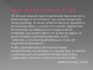 En el cual, después que la geminada figura de toro y
joven encerró y al monstruo, con actea sangre dos
veces pastado, al tercer sorteo lo dominó, repetido a
los novenos años, y cuando con ayuda virgínea fue
encontrada, no reiterada por ninguno de los
anteriores, esa puerta difícil con el hilo recogido, al
punto el Egida, raptada la Minoide, a Día
 velas dio, y a la acompañante suya, cruel, en
aquel litoral abandonó.
A ella, abandonada y de muchas cosas
lamentándose, sus abrazos y su ayuda Líber le ofreció,
y para que por una perenne estrella clara fuera,
cogida de su frente su corona, la envió al cielo.
                                  Metamorfosis, Ovidi
 