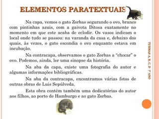 ELEMENTOS PARATEXTUAIS

TURMAS A, B, C, D 7º ANO
TURMAS A, B, C, D 7º ANO

Na capa, vemos o gato Zorbas segurando o ovo, branco
com pintinhas azuis, com a gaivota Ditosa exatamente no
momento em que este acaba de eclodir. Os vasos indicam o
local onde tudo se passou: na varanda da casa e, debaixo dos
quais, às vezes, o gato escondia o ovo enquanto estava em
incubação.
Na contracapa, observamos o gato Zorbas a “chocar” o
ovo. Podemos, ainda, ler uma sinopse da história.
Na aba da capa, existe uma fotografia do autor e
algumas informações bibliográficas.
Na aba da contracapa, encontramos várias fotos de
outras obras de Luis Sepúlveda.
Esta obra contém também uma dedicatórias do autor
aos filhos, ao porto de Hamburgo e ao gato Zorbas.

 