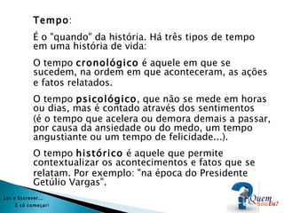 Tempo:
             É o "quando" da história. Há três tipos de tempo
             em uma história de vida:
             O tempo cronológico é aquele em que se
             sucedem, na ordem em que aconteceram, as ações
             e fatos relatados.
             O tempo psicológico, que não se mede em horas
             ou dias, mas é contado através dos sentimentos
             (é o tempo que acelera ou demora demais a passar,
             por causa da ansiedade ou do medo, um tempo
             angustiante ou um tempo de felicidade...).
             O tempo histórico é aquele que permite
             contextualizar os acontecimentos e fatos que se
             relatam. Por exemplo: "na época do Presidente
             Getúlio Vargas".
Ler e Es crever...
     É s ó começar!
 