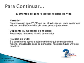 Elementos do gênero textual História de Vida
Narrador:
No nosso caso será VOCÊ que irá, através do seu texto, contar aos
leitores uma história vivida por outra pessoa (depoente).
Depoente ou Contador da História:
Pessoa que relata sua história ao narrador
História de Vida:
É o conjunto de ações e acontecimentos que se sucedem na
história, encadeados entre si. Sem ação, não pode haver um texto
narrativo.
Ler e Escrever...
É só começar!
 