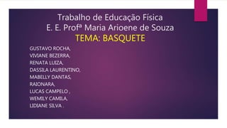 Trabalho de Educação Física
E. E. Profª Maria Arioene de Souza
TEMA: BASQUETE
GUSTAVO ROCHA,
VIVIANE BEZERRA,
RENATA LUIZA,
DASSILA LAURENTINO,
MABELLY DANTAS,
RAIONARA,
LUCAS CAMPELO ,
WEMILY CAMILA,
LIDIANE SILVA .
 