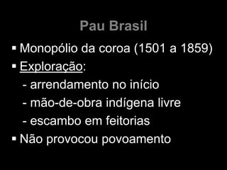Pau Brasil
 Monopólio da coroa (1501 a 1859)
 Exploração:
  - arrendamento no início
  - mão-de-obra indígena livre
  - escambo em feitorias
 Não provocou povoamento
 