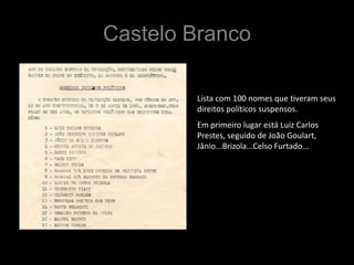 Castelo Branco

        Lista com 100 nomes que tiveram seus
        direitos políticos suspensos.
        Em primeiro lugar está Luiz Carlos
        Prestes, seguido de João Goulart,
        Jânio...Brizola...Celso Furtado...
 