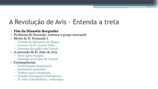 A Revolução de Avis – Entenda a treta
• Fim da Dinastia Borgonha
• Problema de Sucessão: nobreza x grupo mercantil
• Morte de D. Fernando I
▫ Tratado de Salvaterra de Magos
▫ Governo de D. Leonor Telles
▫ Interesse de união com Castela
• A ascensão de D. João de Avis
▫ Forte apoio burguês
▫ Oposição ao projeto de Castela
• Consequências
▫ Centralização monárquica
▫ Sentimento patriótico
▫ Poderes para a burguesia
▫ Grandes Navegações Portuguesas
▫ D. João I (absolutista) - monarquia
 