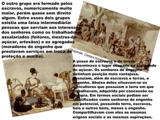 O outro grupo era formado pelos
escravos, numericamente muito
maior, porém quase sem direito
algum. Entre esses dois grupos
existia uma faixa intermediária:
pessoas que serviam aos interesses
dos senhores como os trabalhadores
assalariados (feitores, mestres-de-
açúcar, artesãos) e os agregados
(moradores do engenho que
prestavam serviços em troca de
proteção e auxílio).
                              A posse de escravos e de terras
                              determinava o lugar ocupado na sociedade
                              do açúcar. Os senhores de engenho
                              detinham posição mais vantajosa.
                              Possuíam, além de escravos e terras, o
                              engenho. Abaixo deles situavam-se os
                              agricultores que possuíam a terra em que
                              trabalhavam, adquirida por concessão ou
                              compra. Em termos sociais podiam ser
                              identificados como senhores de engenho
                              em potencial, possuindo terra, escravos,
                              bois e outros bens, menos o engenho.
                              Compartilhavam com eles as mesmas
                              origens sociais e as mesmas aspirações.
 