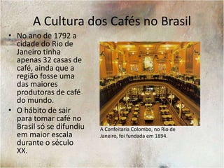 O hábito dos cafés difundiu-se da Europa para a América, sem perder sua característica de ponto de encontro da elite urbana, tanto econômica quanto intelectual.1890-1900 Cafe New Year's Eve George Gratham Bain collection, Libary of Congress Prints and Photographs Division.