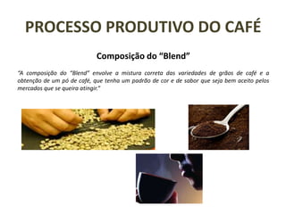 PROCESSO PRODUTIVO DO CAFÉ
Composição do “Blend”
“A composição do “Blend” envolve a mistura correta das variedades de grãos de café e a
obtenção de um pó de café, que tenha um padrão de cor e de sabor que seja bem aceito pelos
mercados que se queira atingir.”
 