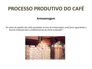 PROCESSO PRODUTIVO DO CAFÉ
Armazenagem
“As caixas de papelão são então guardadas na área de armazenagem onde ficam aguardando a
hora de embarque para o estabelecimento do cliente comprador”.
 