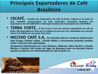• CECAFÉ, Conselho dos Exportadores de Café do Brasil, originou-se da fusão de
duas entidades representativas do setor exportador: Associação Brasileira dos
Exportadores de Café (ABECAFÉ) e Federação Brasileira dos Exportadores de Café (FEBEC)
• TERRA FORTE, A Terra Forte é uma das maiores exportadoras de café do
Brasil. São exportadas em torno de 2,5 milhões de sacas por ano, totalizando com mercado
interno 3,2 milhões de sacas pela Terra Forte
• NICCHIO CAFÉ S.A, No mercado externo a empresa exporta para
toda Europa, Estados unidos , Oriente Médio e futuramente pretende também
incluir a Ásia em suas exportações.
Atualmente Administrada por seus diretores, Adhemar Tadeu Nicchio e Claudio
Nicchio, a Nicchio Café ocupa um lugar de destaque tanto no mercado interno
quanto no externo, na comercialização de café em grão cru.
 