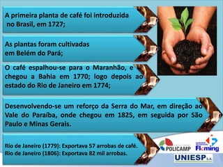 A primeira planta de café foi introduzida
no Brasil, em 1727;
As plantas foram cultivadas
em Belém do Pará;
O café espalhou-se para o Maranhão, e e
chegou a Bahia em 1770; logo depois ao
estado do Rio de Janeiro em 1774;
Desenvolvendo-se um reforço da Serra do Mar, em direção ao
Vale do Paraíba, onde chegou em 1825, em seguida por São
Paulo e Minas Gerais.
Rio de Janeiro (1779): Exportava 57 arrobas de café.
Rio de Janeiro (1806): Exportava 82 mil arrobas.
 