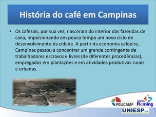 História do café em Campinas
• Os cafezais, por sua vez, nasceram do interior das fazendas de
cana, impulsionando em pouco tempo um novo ciclo de
desenvolvimento da cidade. A partir da economia cafeeira,
Campinas passou a concentrar um grande contingente de
trabalhadores escravos e livres (de diferentes procedências),
empregados em plantações e em atividades produtivas rurais
e urbanas.
 
