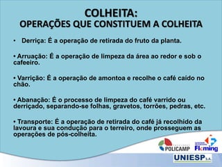 COLHEITA:
OPERAÇÕES QUE CONSTITUEM A COLHEITA
• Derriça: É a operação de retirada do fruto da planta.
• Arruação: É a operação de limpeza da área ao redor e sob o
cafeeiro.
• Varrição: É a operação de amontoa e recolhe o café caído no
chão.
• Abanação: É o processo de limpeza do café varrido ou
derriçado, separando-se folhas, gravetos, torrões, pedras, etc.
• Transporte: É a operação de retirada do café já recolhido da
lavoura e sua condução para o terreiro, onde prosseguem as
operações de pós-colheita.
 