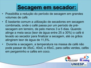 • Possibilita a redução do período de secagem em grandes
volumes de café.
• É bastante comum a utilização de secadores em secagem
combinada, onde o café passa por um período de pré-
secagem em terreiro, de pelo menos 3 a 5 dias. Quando
atinge a meia seca (teor de água entre 25 a 30%) o café é
levado ao secador para finalizar a secagem, até os grãos
atingirem teor de água de 11,5%.
• Durante a secagem, a temperatura na massa de café não
pode passar de 35oC, 40oC e 45oC, para cafés verdes, cafés
em pergaminho e cafés em coco.
Secagem em secador:
 