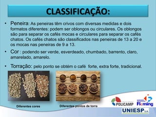 CLASSIFICAÇÃO:
• Peneira: As peneiras têm crivos com diversas medidas e dois
formatos diferentes: podem ser oblongos ou circulares. Os oblongos
são para separar os cafés mocas e circulares para separar os cafés
chatos. Os cafés chatos são classificados nas peneiras de 13 a 20 e
os mocas nas peneiras de 9 a 13.
• Cor : podendo ser verde, esverdeado, chumbado, barrento, claro,
amarelado, amarelo.
• Torração: pelo ponto se obtém o café forte, extra forte, tradicional.
Diferentes cores Diferentes pontos de torra
 