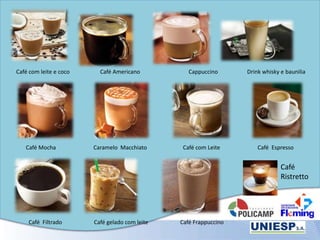 Café com leite e coco Café Americano Cappuccino Drink whisky e baunilia
Café Mocha Caramelo Macchiato Café com Leite Café Espresso
Café Filtrado Café gelado com leite Café Frappuccino
Café
Ristretto
 