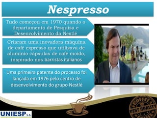 Uma primeira patente do processo foi
lançada em 1976 pelo centro de
desenvolvimento do grupo Nestlé
Criaram uma inovadora máquina
de café expresso que utilizava de
alumínio cápsulas de café moído,
inspirado nos barristas italianos
Tudo começou em 1970 quando o
departamento de Pesquisa e
Desenvolvimento da Nestlé
Nespresso
 