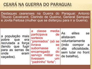CEARÁ NA GUERRA DO PARAGUAI:
Destaques cearenses na Guerra do Paraguai: Antonio
Tibucio Cavalcanti, Clarindo de Queiroz, General Sampaio
e Jovita Feitosa (mulher que se disfarçou para ir a Guerra).
a população mais
pobre que era
recrutada a força
(tendo que fugir
para as serras de
onde eram
caçados).
a classe media
participava de
sorteios
“premiados” (só se
livrava se
subornasse o
encarregado do
serviço militar ou
tivessem um
“padrinho” forte”;
As elites se
alistavam
voluntariamente
(indo compor a
alta oficialidade,
sem lutar no front
de batalha),
 