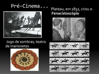 Pré-Cinema...
Jogo de sombras, teatro
de marionetes
Plateau, em 1832, criou o
Fenacistoscópio