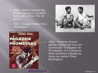 • 1955 – Nelson Pereira dos
  Santos inaugura o Cinema
  Novo com o filme “Rio 40
  graus”.

• 1961 - Glauber Rocha filma
  “Barravento”.




                                     1962 - Anselmo Duarte
                                      ganha a palma de ouro em
                                      Cannes por “O Pagador de
                                      Promessas”, e é o primeiro
                                      filme brasileiro indicado ao
                                      Oscar de melhor Filme
                                      Estrangeiro.



             [Voltar para a Mostra]                                  Avançar >>
 