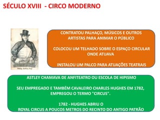 SÉCULO XVIII - CIRCO MODERNO
CONTRATOU PALHAÇO, MÚSICOS E OUTROS
ARTISTAS PARA ANIMAR O PÚBLICO
COLOCOU UM TELHADO SOBRE O ESPAÇO CIRCULAR
ONDE ATUAVA
INSTALOU UM PALCO PARA ATUAÇÕES TEATRAIS
ASTLEY CHAMAVA DE ANFITEATRO OU ESCOLA DE HIPISMO
SEU EMPREGADO E TAMBÉM CAVALEIRO CHARLES HUGHES EM 1782,
EMPREGOU O TERMO "CIRCUS".
1782 - HUGHES ABRIU O
ROYAL CIRCUS A POUCOS METROS DO RECINTO DO ANTIGO PATRÃO
 