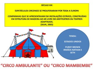 SÉCULO XIX
ESPETÁCULOS CIRCENSES SE PROLIFERARAM POR TODA A EUROPA
COMPANHIAS QUE SE APRESENTAVAM EM INSTALAÇÕES ESTÁVEIS, CONSTRUÍDAS
EM ESTRUTURA DE MADEIRA AO AR LIVRE EM ANFITEATROS OU TEATROS
ADAPTADOS.
(SILVA, 2003)
TENDA:
ESTADOS UNIDOS
PURDY BROWN
IRMÃOS NATHAN E
SETH
 