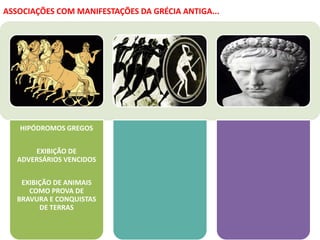 HIPÓDROMOS GREGOS
EXIBIÇÃO DE
ADVERSÁRIOS VENCIDOS
EXIBIÇÃO DE ANIMAIS
COMO PROVA DE
BRAVURA E CONQUISTAS
DE TERRAS
OLIMPÍADAS DA GRÉCIA
ANTIGA
ATLETAS EM DISPUTAS
ACROBÁTICAS NO SOLO E
EM APARELHOS
CORRIDAS E SALTOS
JOGOS FÚNEBRES
GREGOS
FORMATO EM CÍRCULO
DIREITO À PALAVRA
JOGOS E PREMIAÇÕES
(COROA DE CARVALHO)
ASSOCIAÇÕES COM MANIFESTAÇÕES DA GRÉCIA ANTIGA...
 