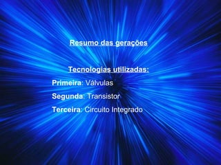 Resumo das gerações
Tecnologias utilizadas:
Primeira: Válvulas
Segunda: Transistor
Terceira: Circuito Integrado
 
