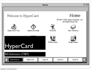 HyperCard
        Bill Atkinson (1987)



sexta-feira, 16 de março de 2012
 