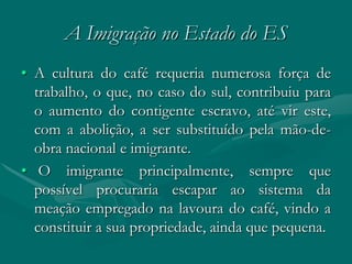 A Imigração no Estado do ES
• A cultura do café requeria numerosa força de
  trabalho, o que, no caso do sul, contribuiu para
  o aumento do contigente escravo, até vir este,
  com a abolição, a ser substituído pela mão-de-
  obra nacional e imigrante.
• O imigrante principalmente, sempre que
  possível procuraria escapar ao sistema da
  meação empregado na lavoura do café, vindo a
  constituir a sua propriedade, ainda que pequena.
 