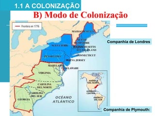 B) Modo de Colonização
Companhia de Londres
Companhia de Plymouth:
1.1 A COLONIZAÇÃO
 
