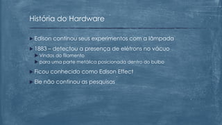  Edison continou seus experimentos com a lâmpada
 1883 – detectou a presença de elétrons no vácuo
 Vindos do filamento
 para uma parte metálica posicionada dentro do bulbo
 Ficou conhecido como Edison Effect
 Ele não continou as pesquisas
História do Hardware
 
