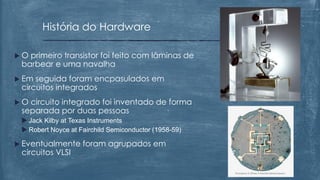  O primeiro transistor foi feito com lâminas de
barbear e uma navalha
 Em seguida foram encpasulados em
circuitos integrados
 O circuito integrado foi inventado de forma
separada por duas pessoas
 Jack Kilby at Texas Instruments
 Robert Noyce at Fairchild Semiconductor (1958-59)
 Eventualmente foram agrupados em
circuitos VLSI
História do Hardware
 